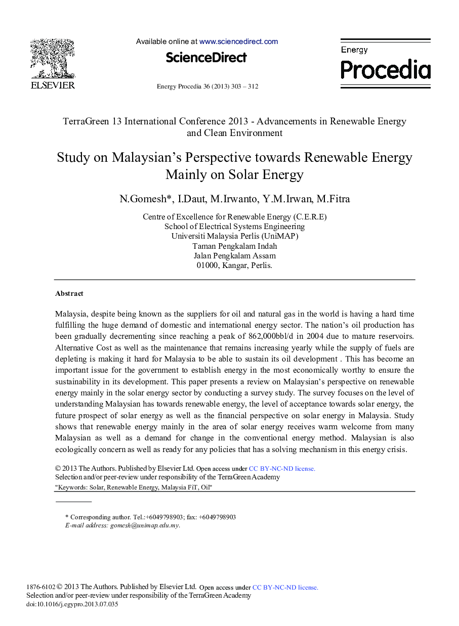 عکس صفحه اول مقاله: Study on Malaysian's Perspective Towards Renewable Energy Mainly on Solar Energy Study on Malaysian's Perspective Towards Renewable Energy Mainly on Solar Energy