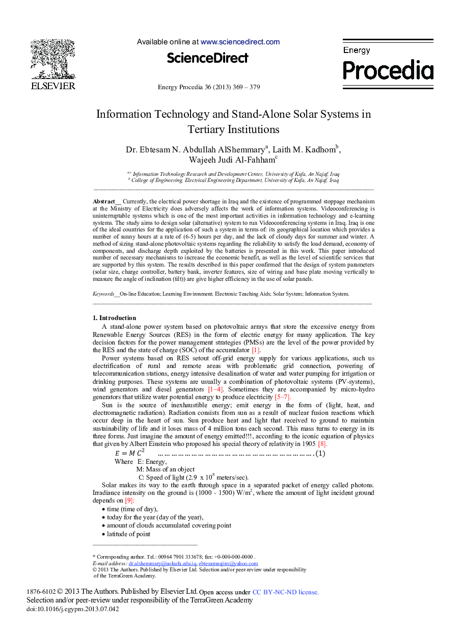 Information Technology and Stand-alone Solar Systems in Tertiary Institutions