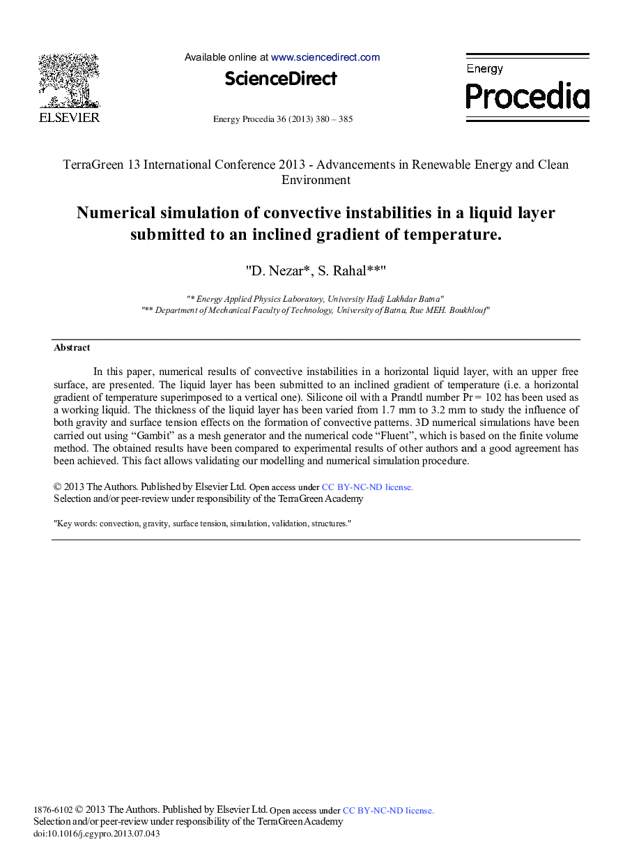 عکس صفحه اول مقاله: Numerical Simulation of Convective Instabilities in a Liquid Layer Submitted to an Inclined Gradient of Temperature Numerical Simulation of Convective Instabilities in a Liquid Layer Submitted to an Inclined Gradient of Temperature