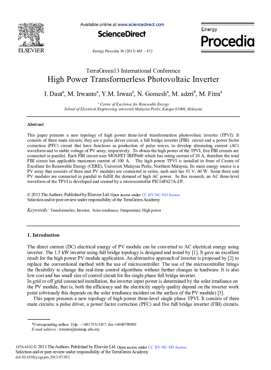 عکس صفحه اول مقاله: High Power Transformerless Photovoltaic Inverter High Power Transformerless Photovoltaic Inverter