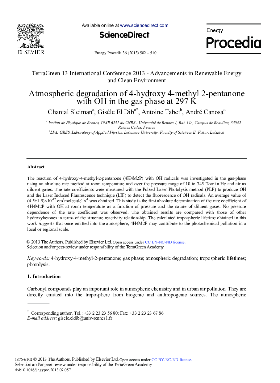 عکس صفحه اول مقاله: Atmospheric Degradation of 4-Hydroxy 4-Methyl 2-Pentanone with OH in the Gas Phase at 297 K Atmospheric Degradation of 4-Hydroxy 4-Methyl 2-Pentanone with OH in the Gas Phase at 297 K