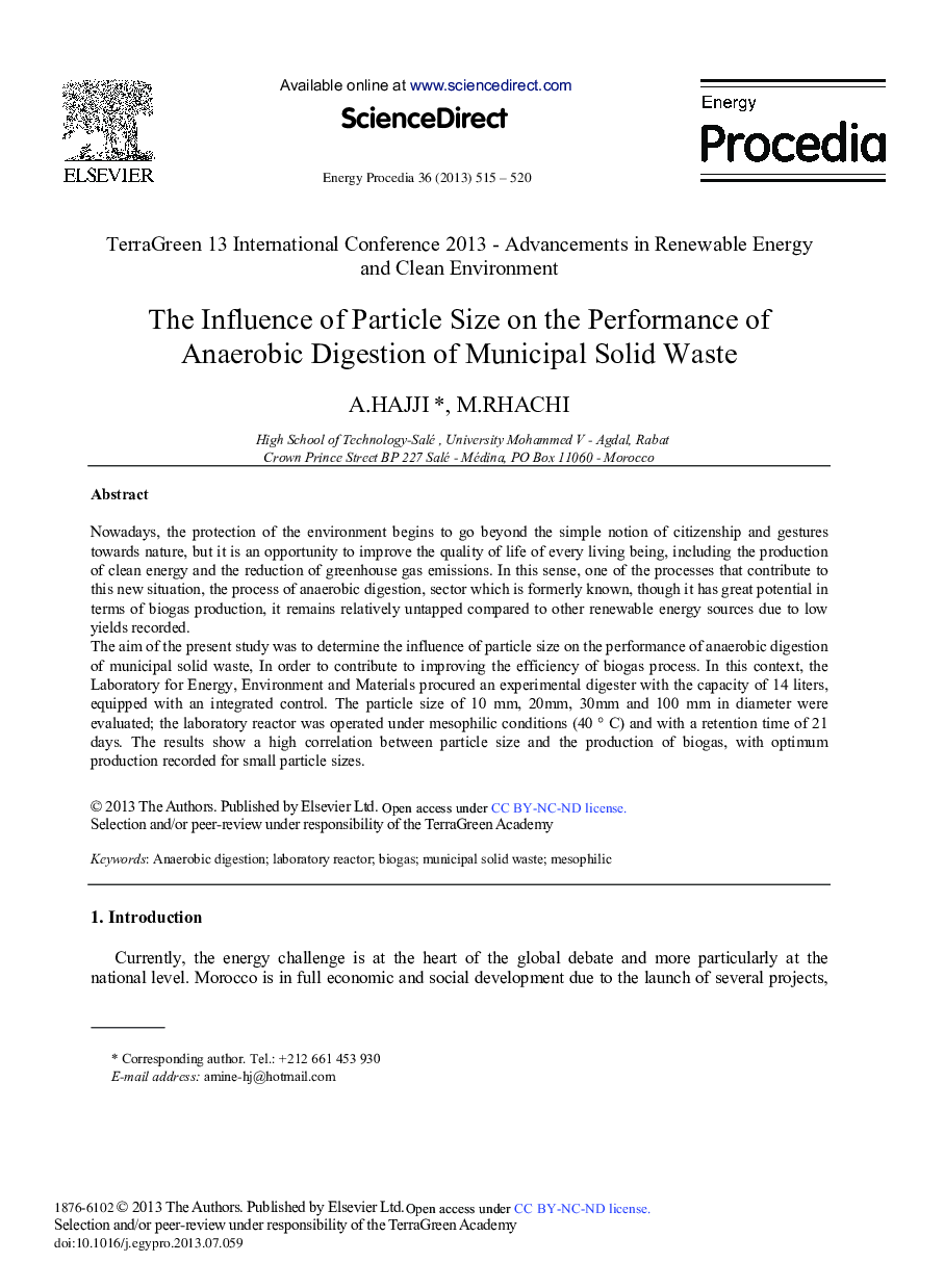 عکس صفحه اول مقاله: The Influence of Particle Size on the Performance of Anaerobic Digestion of Municipal Solid Waste The Influence of Particle Size on the Performance of Anaerobic Digestion of Municipal Solid Waste