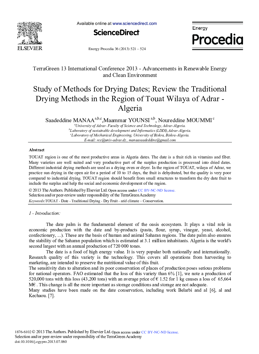 عکس صفحه اول مقاله: Study of Methods for Drying Dates; Review the Traditional Drying Methods in the Region of Touat Wilaya of Adrar-Algeria Study of Methods for Drying Dates; Review the Traditional Drying Methods in the Region of Touat Wilaya of Adrar-Algeria