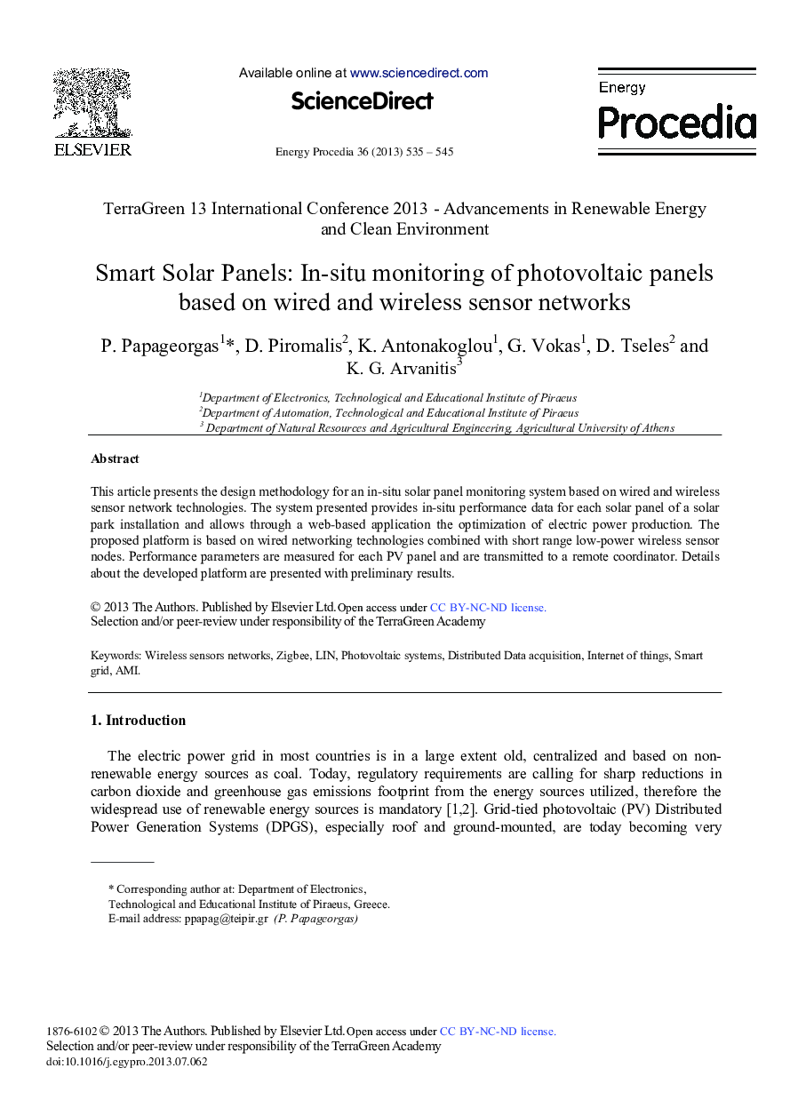 عکس صفحه اول مقاله: Smart Solar Panels: In-situ Monitoring of Photovoltaic Panels based on Wired and Wireless Sensor Networks Smart Solar Panels: In-situ Monitoring of Photovoltaic Panels based on Wired and Wireless Sensor Networks