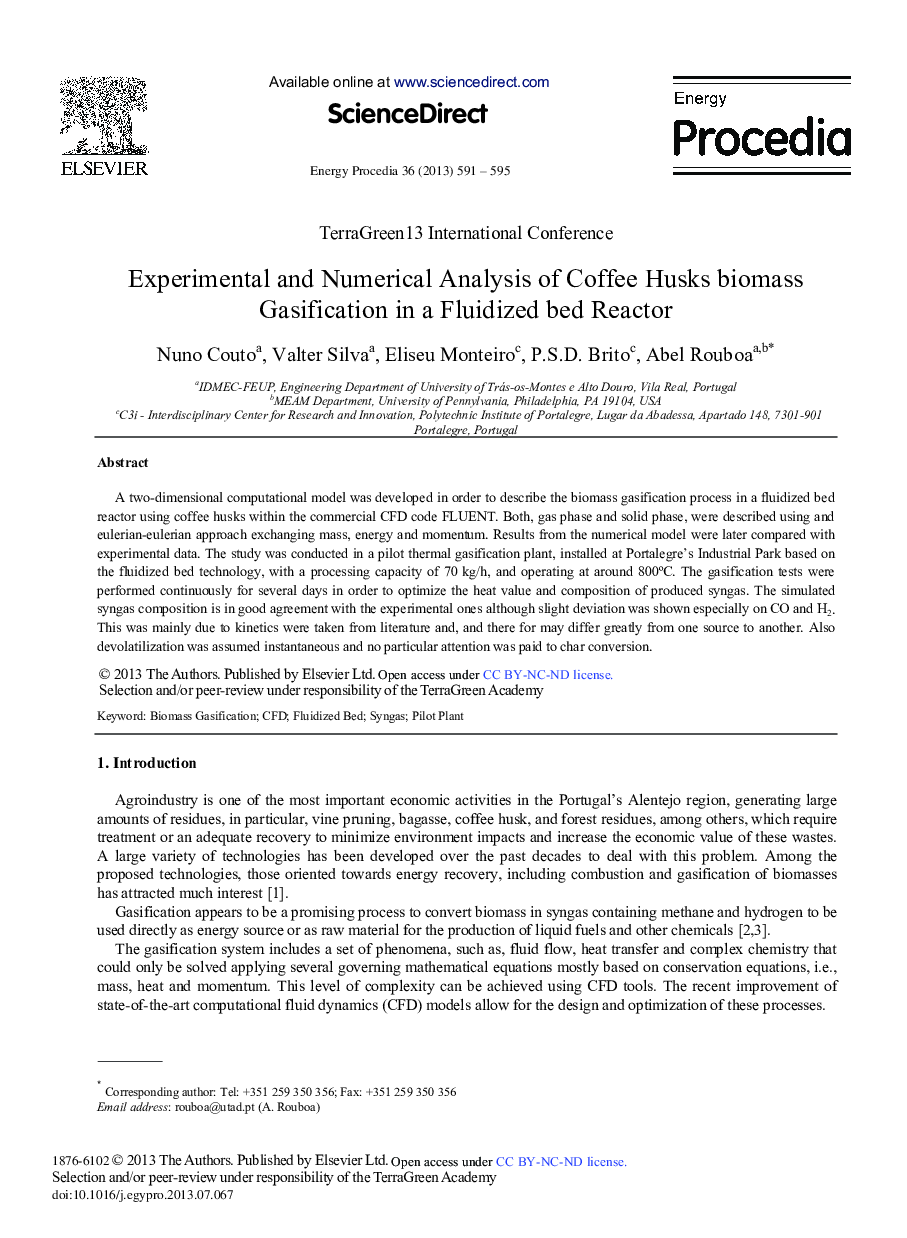 عکس صفحه اول مقاله: Experimental and Numerical Analysis of Coffee Husks Biomass Gasification in a Fluidized Bed Reactor Experimental and Numerical Analysis of Coffee Husks Biomass Gasification in a Fluidized Bed Reactor