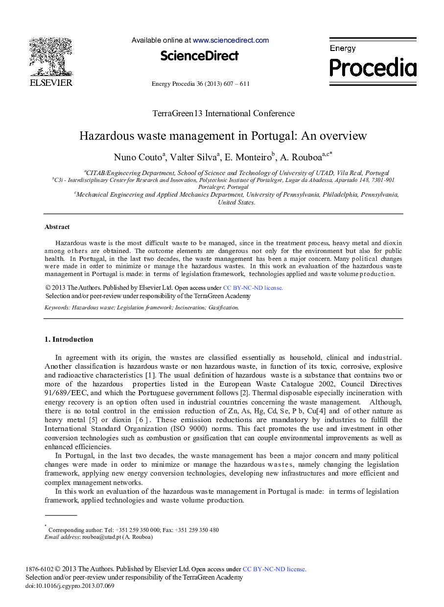 عکس صفحه اول مقاله: Hazardous Waste Management in Portugal: An Overview Hazardous Waste Management in Portugal: An Overview