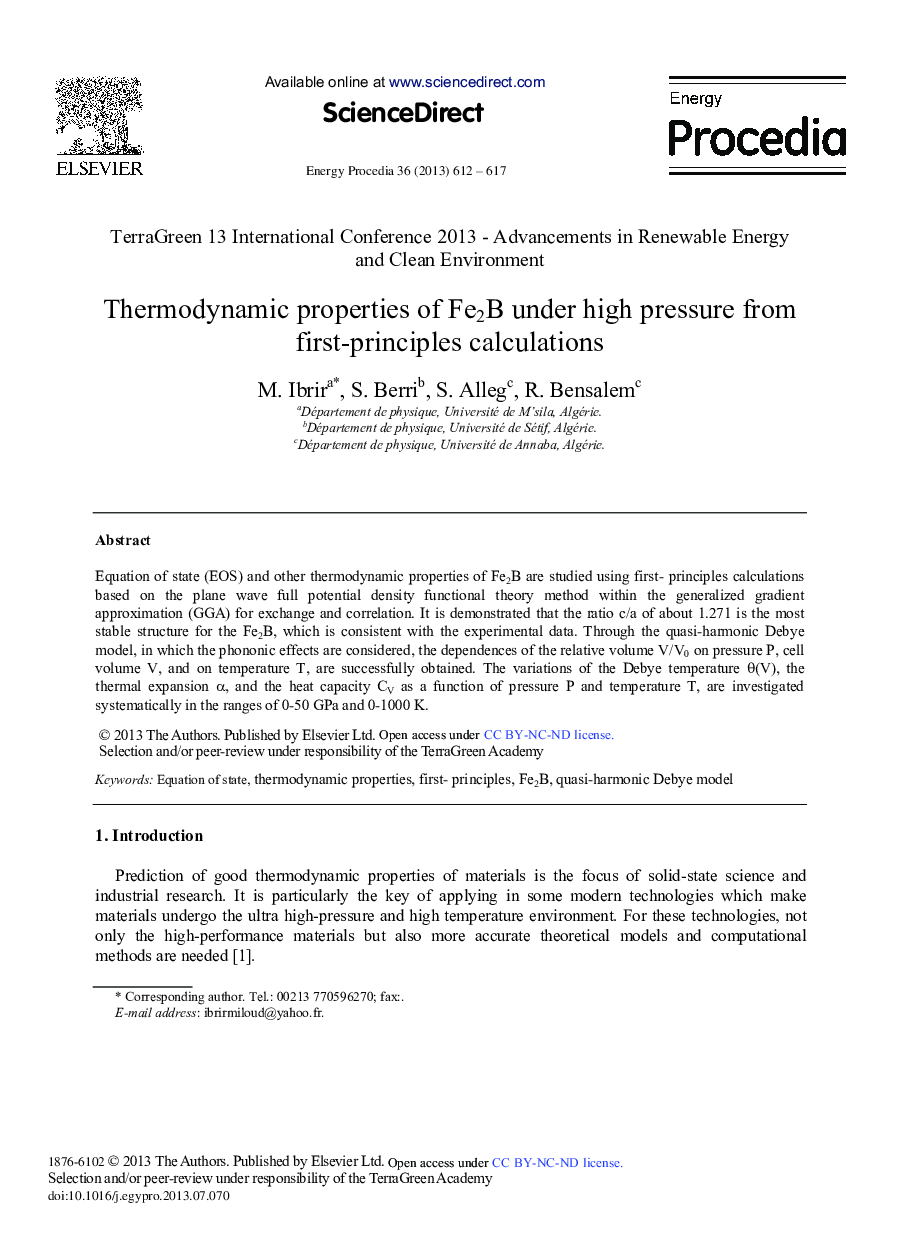 عکس صفحه اول مقاله: Thermodynamic Properties of Fe2B Under High Pressure from First-principles Calculations Thermodynamic Properties of Fe2B Under High Pressure from First-principles Calculations