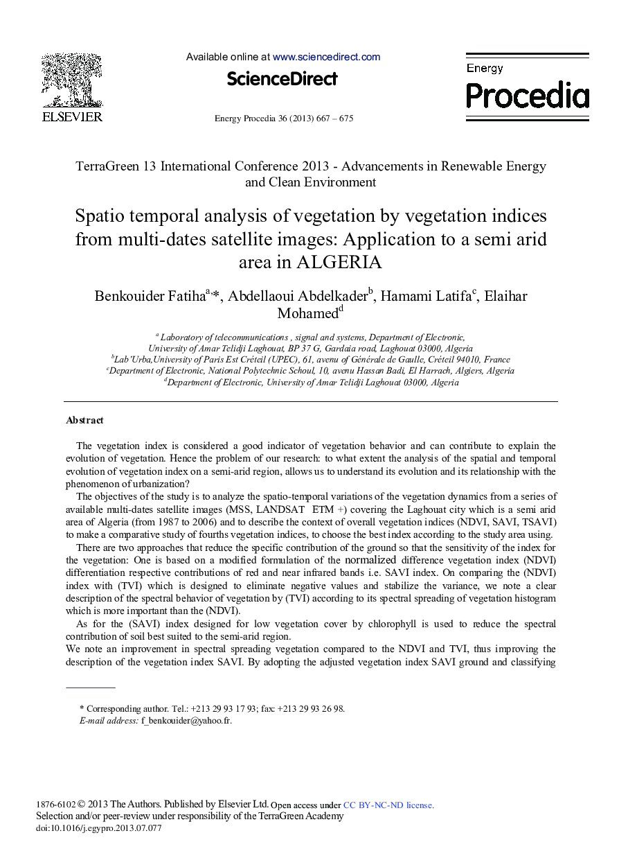 عکس صفحه اول مقاله: Spatio Temporal Analysis of Vegetation by Vegetation Indices from Multi-dates Satellite Images: Application to a Semi Arid Area in ALGERIA Spatio Temporal Analysis of Vegetation by Vegetation Indices from Multi-dates Satellite Images: Application to a Semi Arid Area in ALGERIA