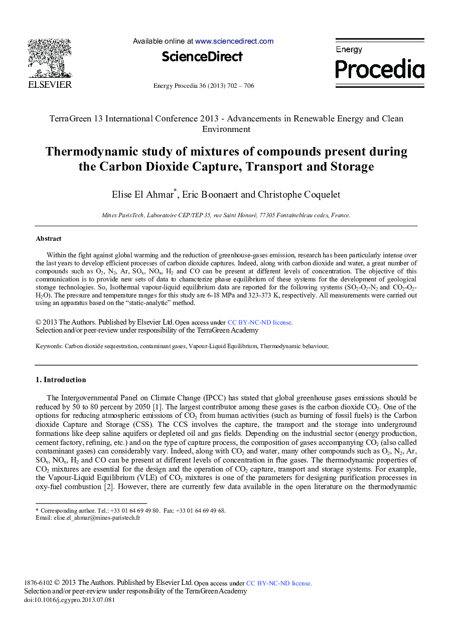 عکس صفحه اول مقاله: Thermodynamic Study of Mixtures of Compounds Present During the Carbon Dioxide Capture, Transport and Storage Thermodynamic Study of Mixtures of Compounds Present During the Carbon Dioxide Capture, Transport and Storage