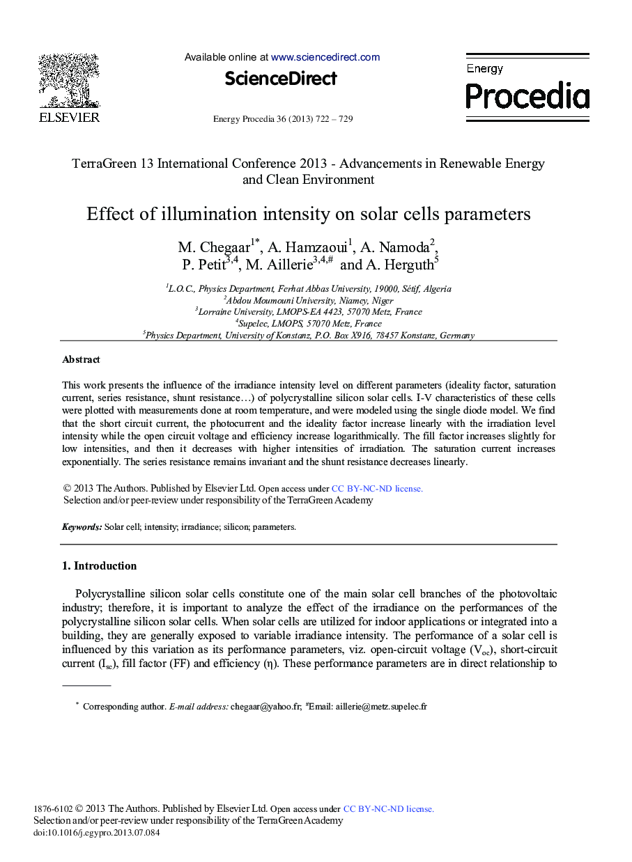 عکس صفحه اول مقاله: Effect of Illumination Intensity on Solar Cells Parameters Effect of Illumination Intensity on Solar Cells Parameters