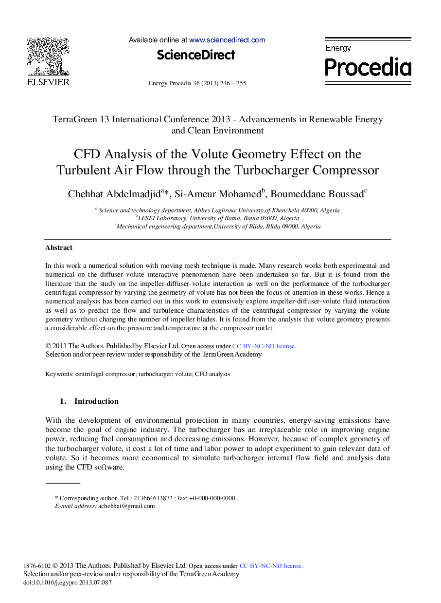 CFD Analysis of the Volute Geometry Effect on the Turbulent Air Flow through the Turbocharger Compressor 