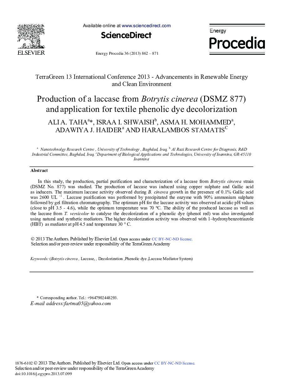 عکس صفحه اول مقاله: Production of a Laccase from Botrytis cinerea (DSMZ 877) and Application for Textile Phenolic Dye Decolorization Production of a Laccase from Botrytis cinerea (DSMZ 877) and Application for Textile Phenolic Dye Decolorization