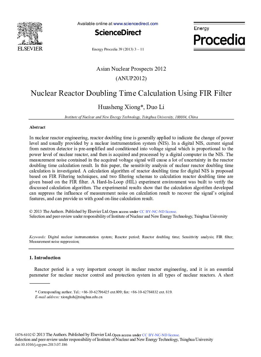Nuclear Reactor Doubling Time Calculation Using FIR Filter 