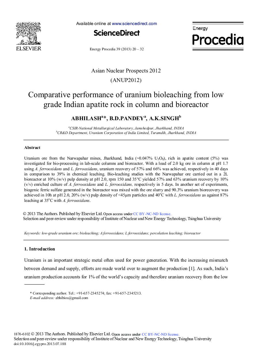 Comparative Performance of Uranium Bioleaching from Low Grade Indian Apatite Rock in Column and Bioreactor 