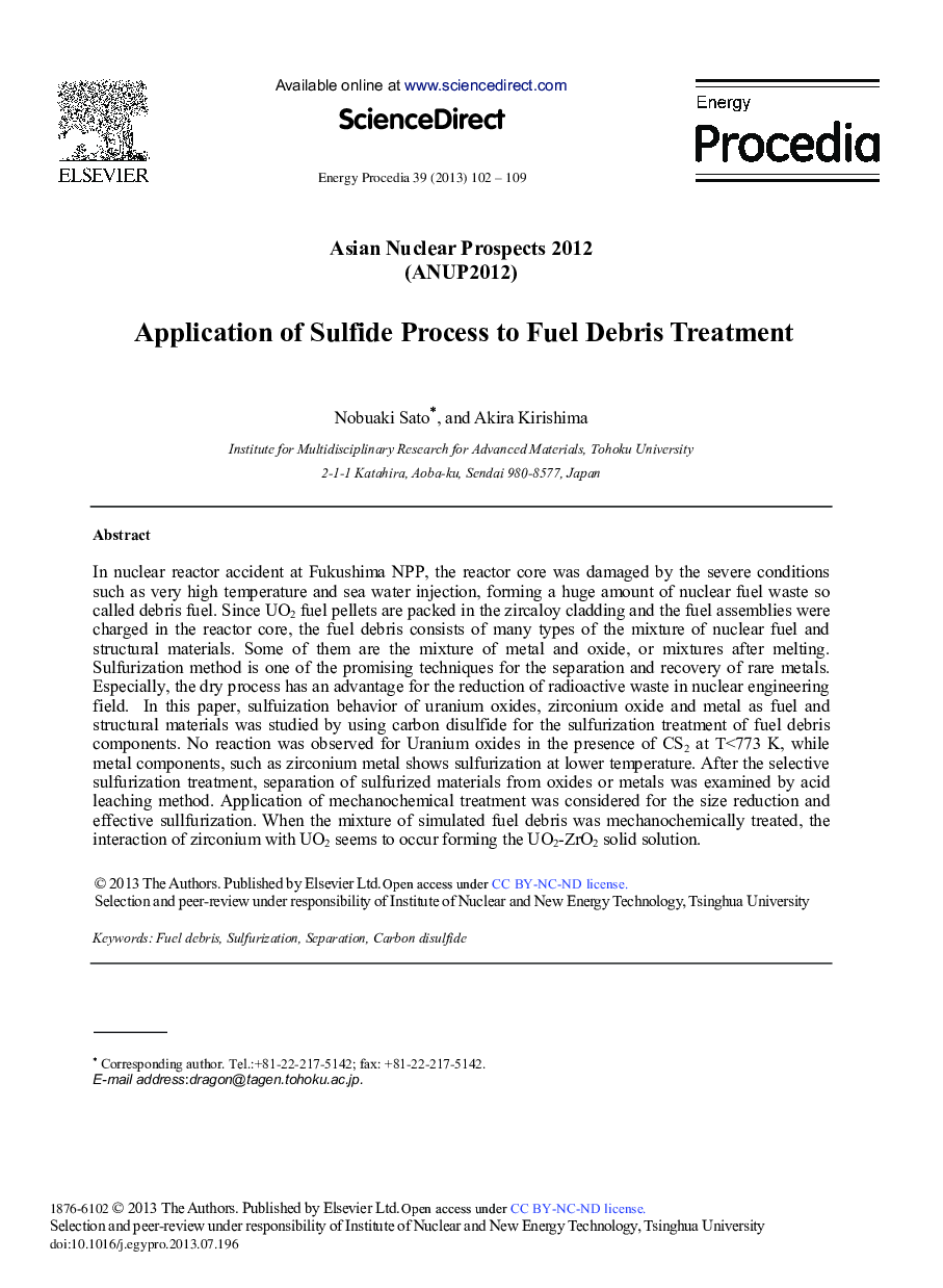 Application of Sulfide Process to Fuel Debris Treatment 