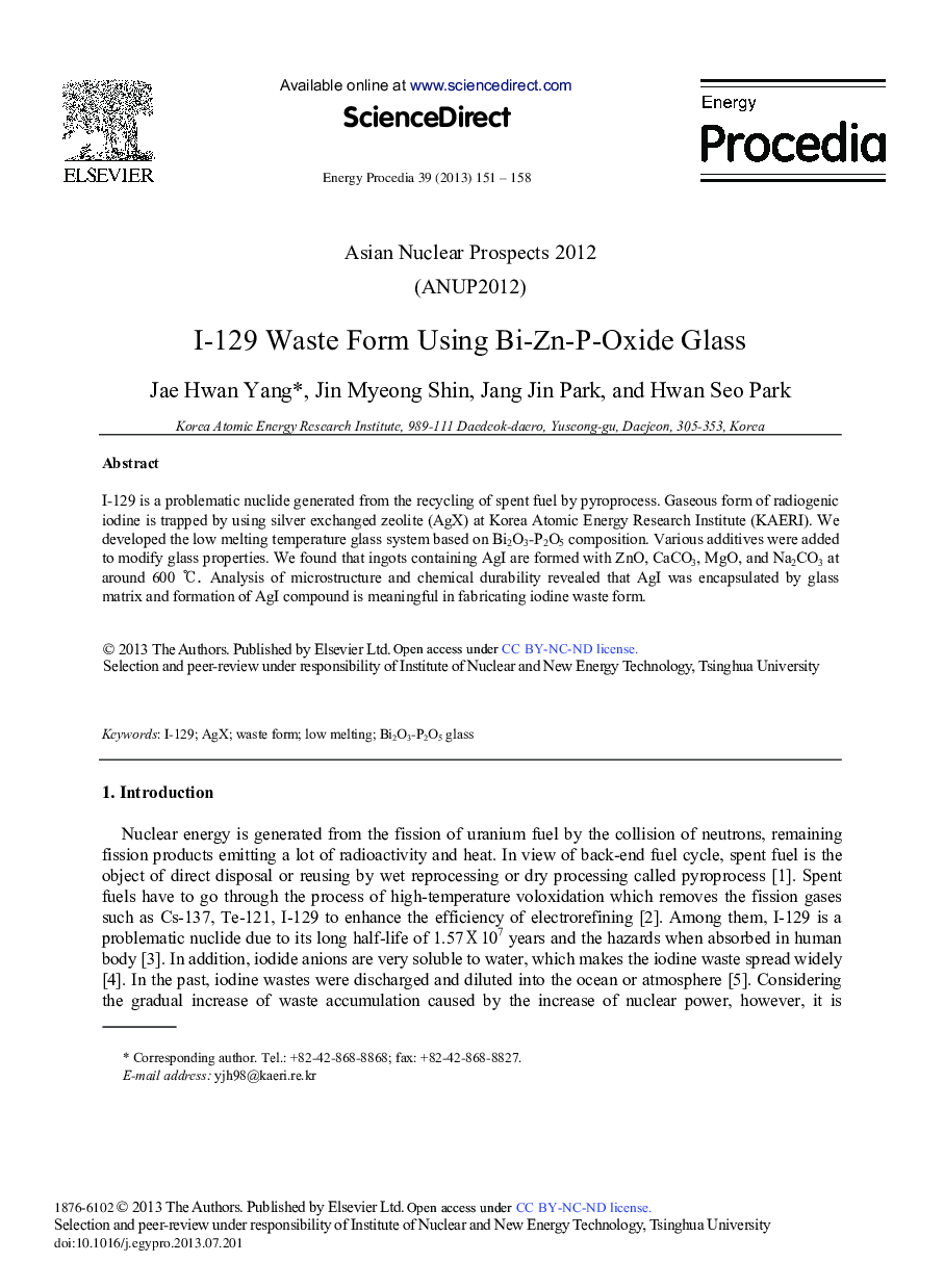 I-129 Waste form Using Bi-Zn-P-Oxide Glass 