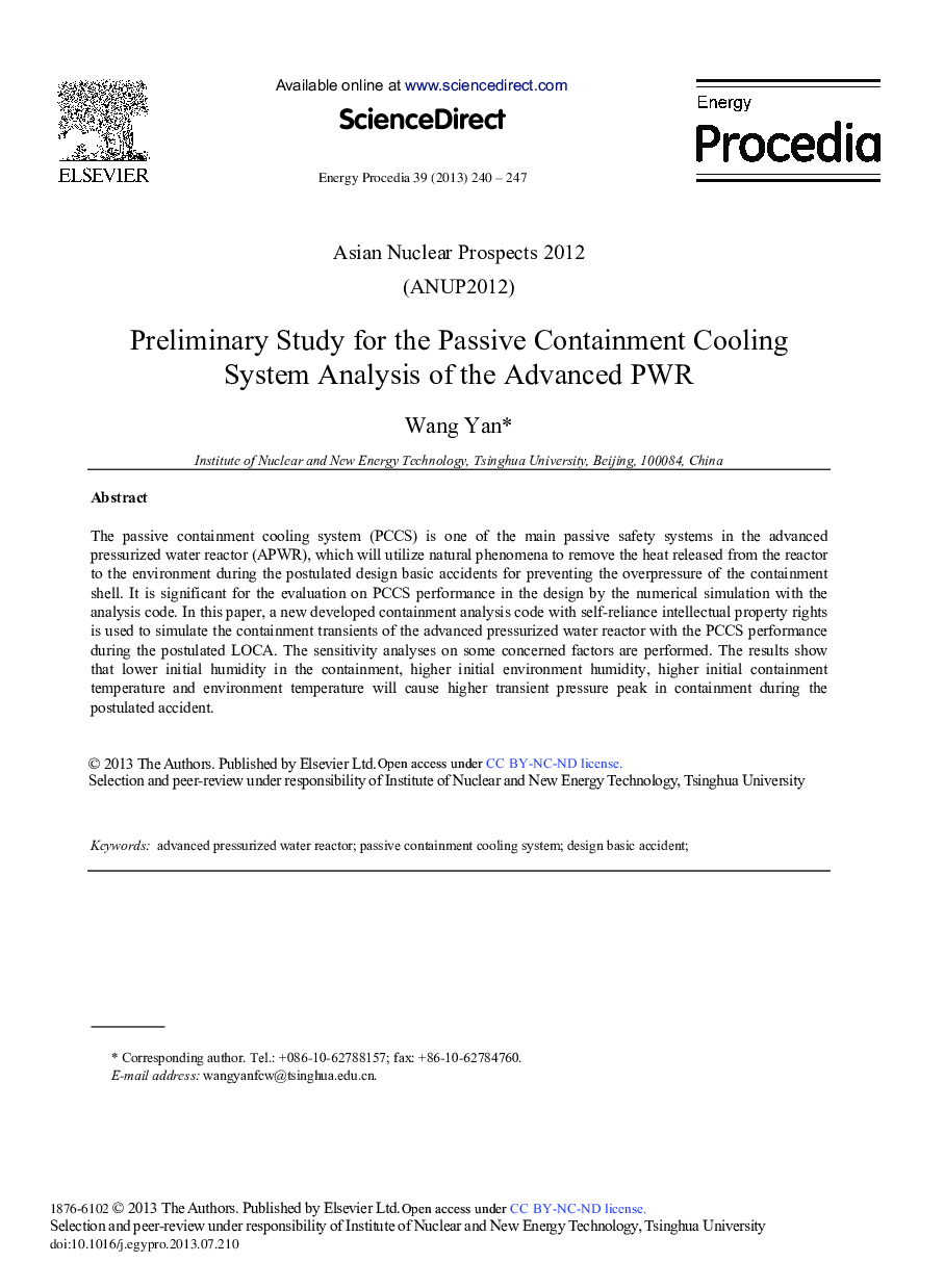 Preliminary Study for the Passive Containment Cooling System Analysis of the Advanced PWR 