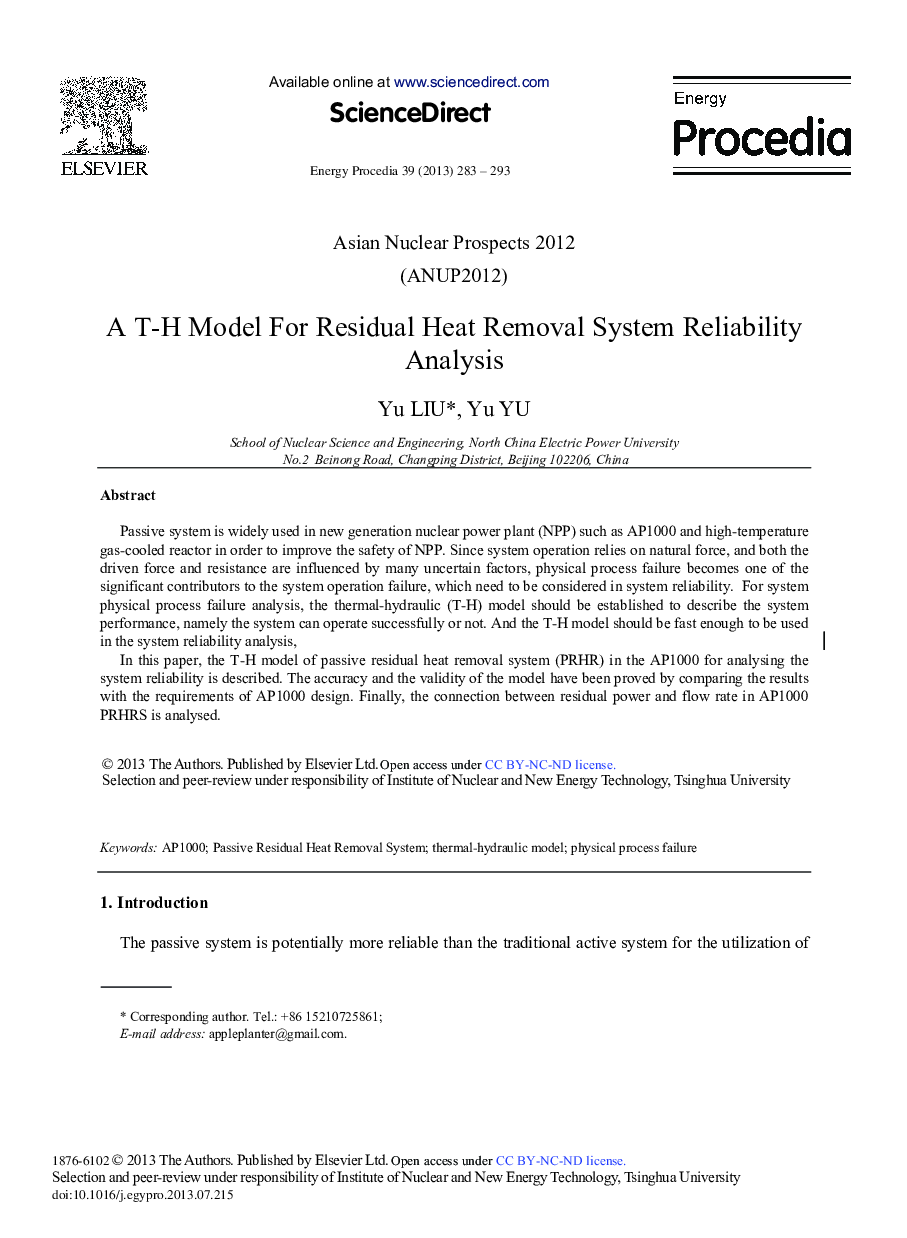 A T-H Model for Residual Heat Removal System Reliability Analysis 