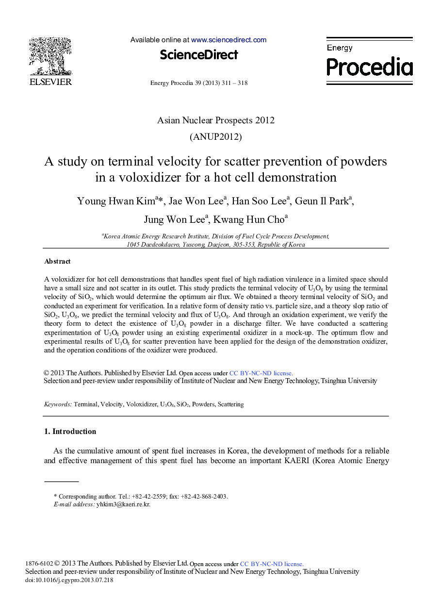 A Study on Terminal Velocity for Scatter Prevention of Powders in a Voloxidizer for a Hot Cell Demonstration 