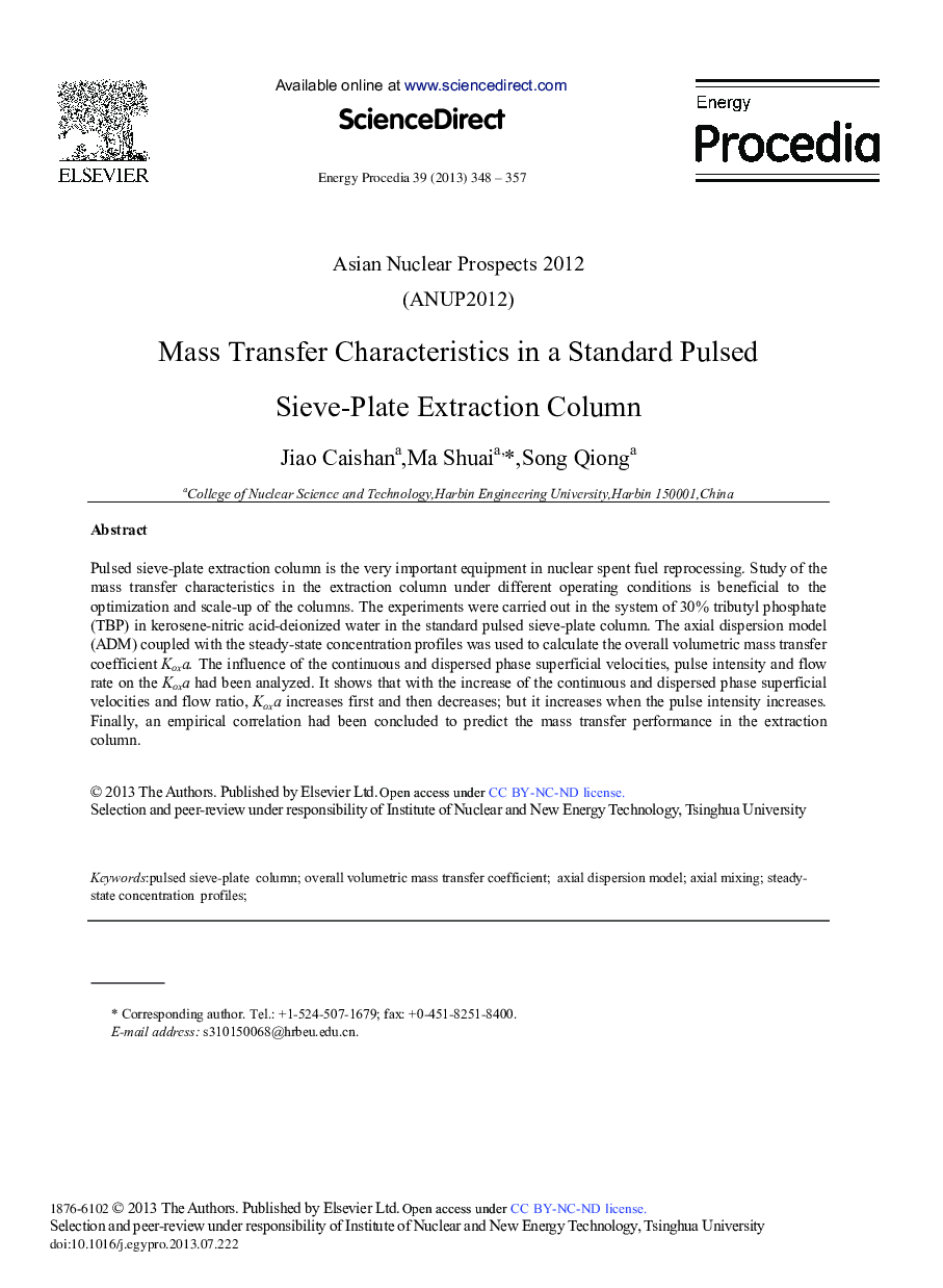 Mass Transfer Characteristics in a Standard Pulsed Sieve-plate Extraction Column 