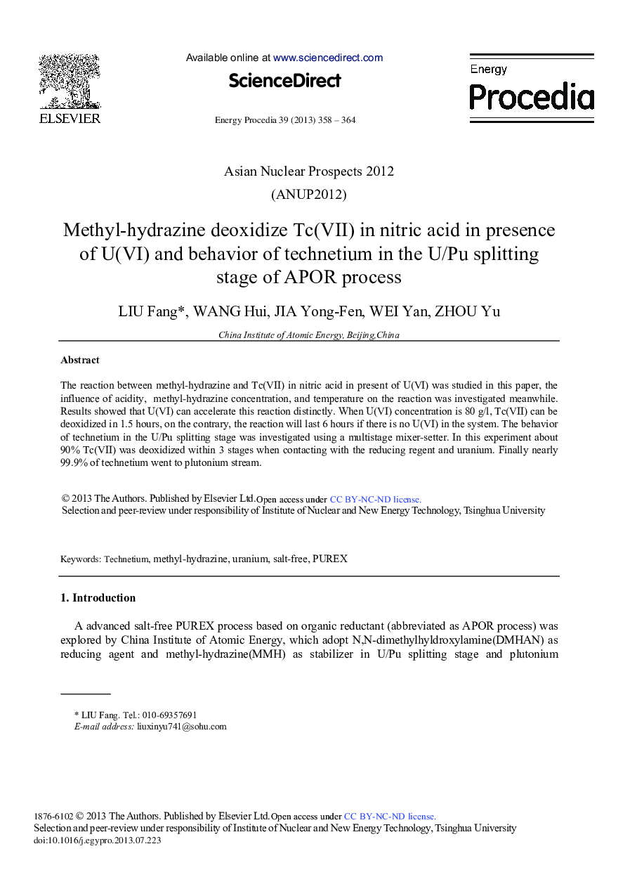 Methyl-hydrazine Deoxidize Tc(VII) in Nitric Acid in Presence of U(VI) and Behavior of Technetium in the U/Pu Splitting Stage of APOR Process 