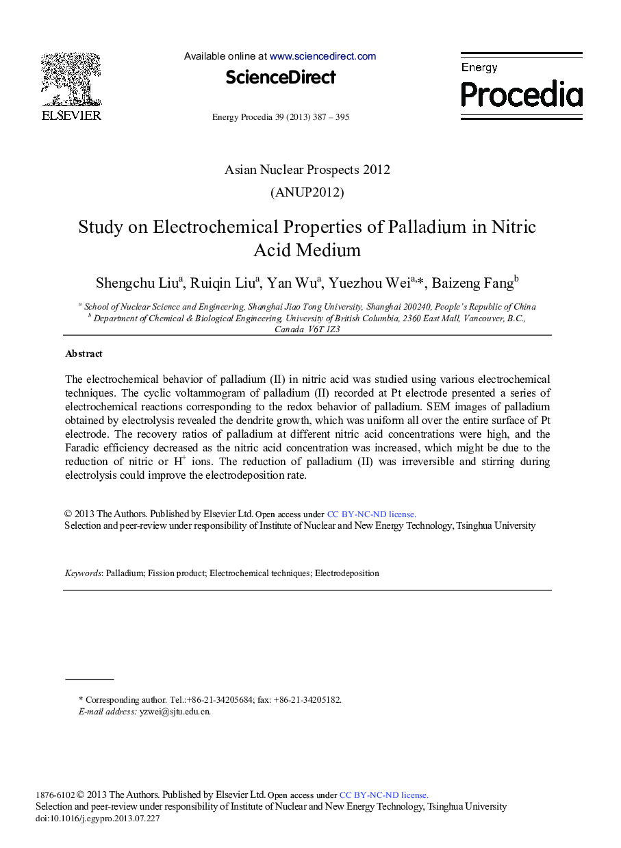Study on Electrochemical Properties of Palladium in Nitric Acid Medium 