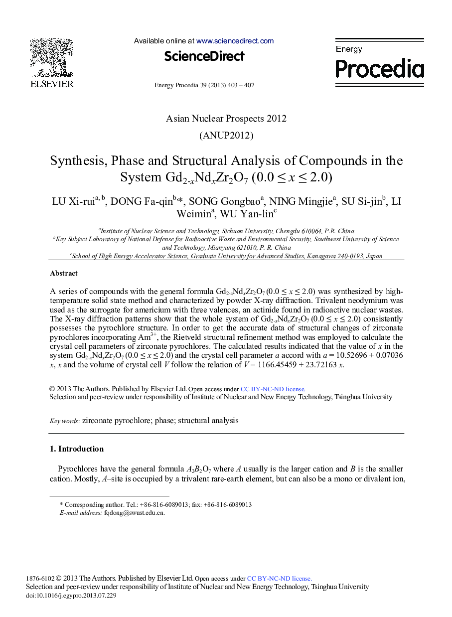 Synthesis, Phase and Structural Analysis of Compounds in the System Gd2-xNdxZr2O7 (0.0 ≤ x ≤ 2.0) 