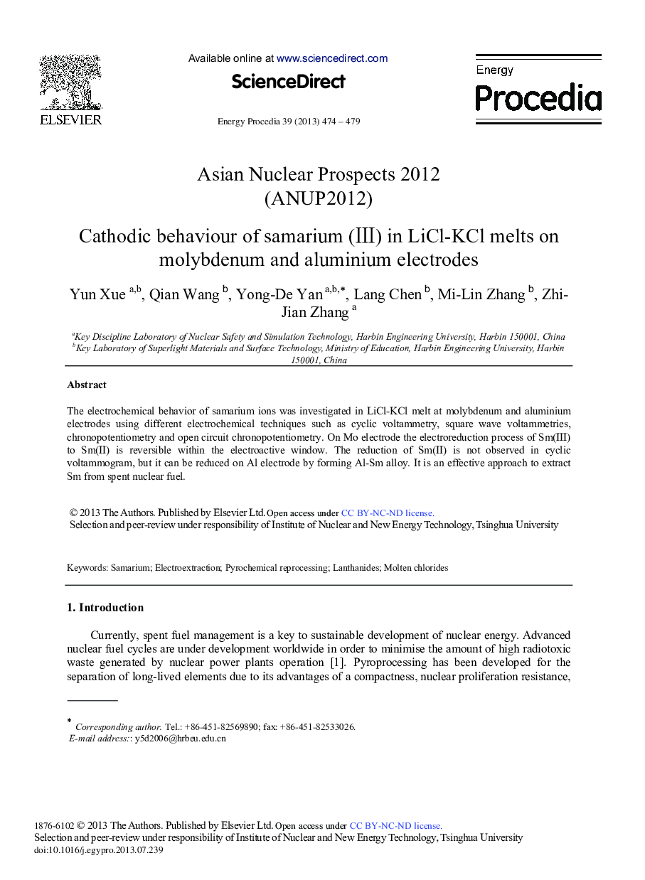 Cathodic Behaviour of Samarium (III) in LiCl-KCl Melts on Molybdenum and Aluminium Electrodes 