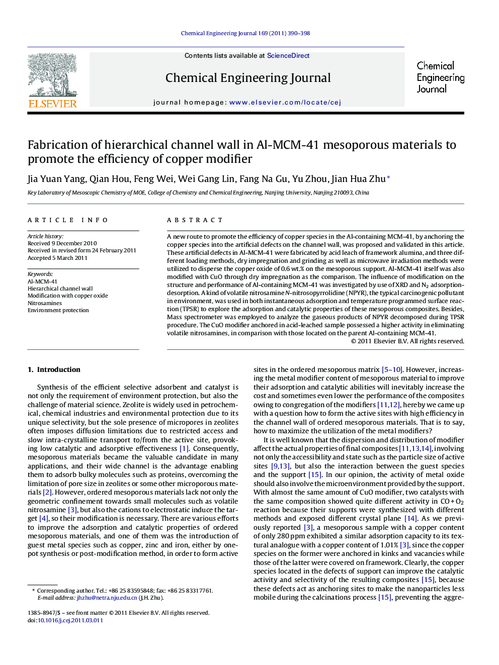 Fabrication of hierarchical channel wall in Al-MCM-41 mesoporous materials to promote the efficiency of copper modifier