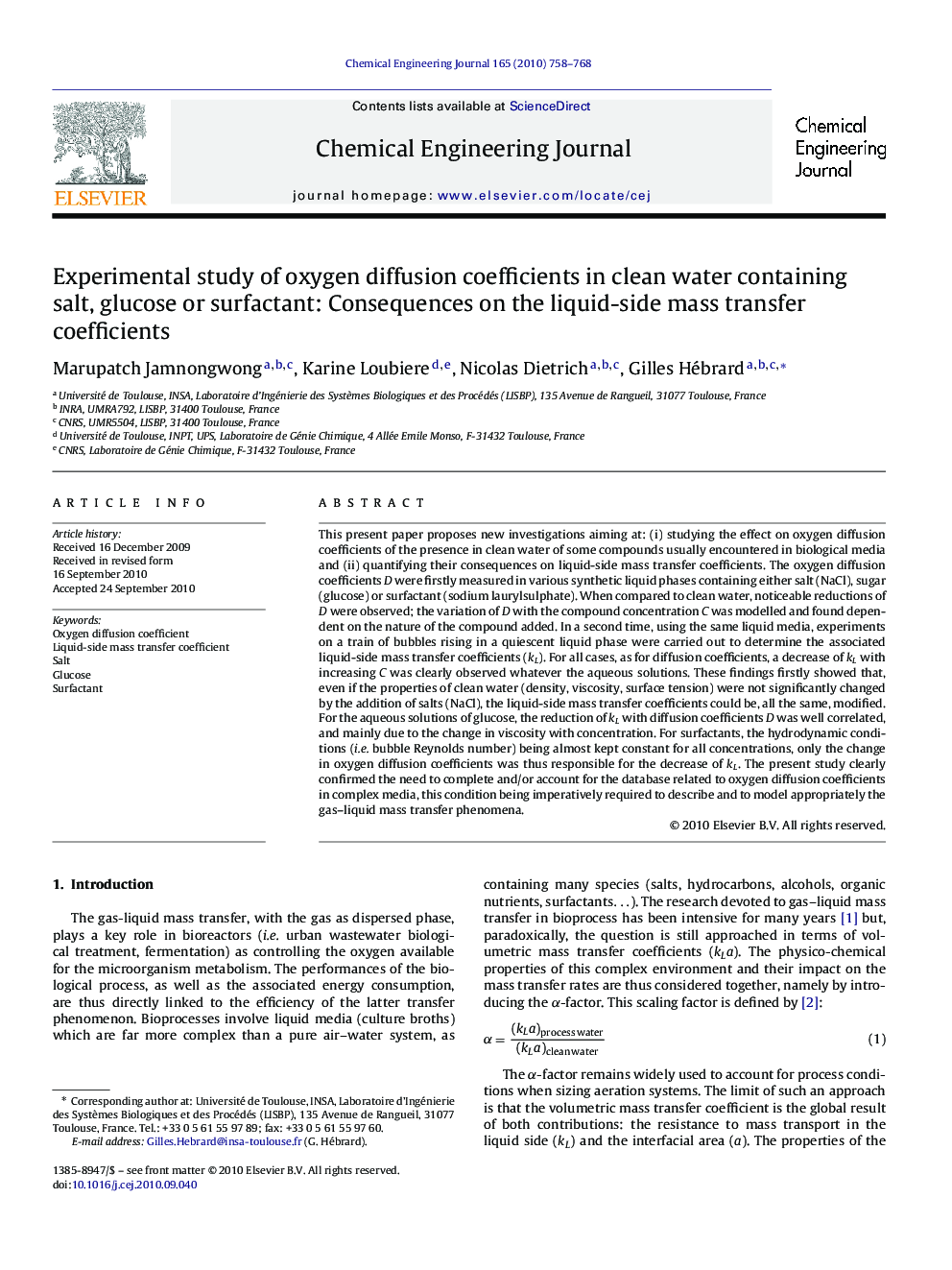 Experimental study of oxygen diffusion coefficients in clean water containing salt, glucose or surfactant: Consequences on the liquid-side mass transfer coefficients