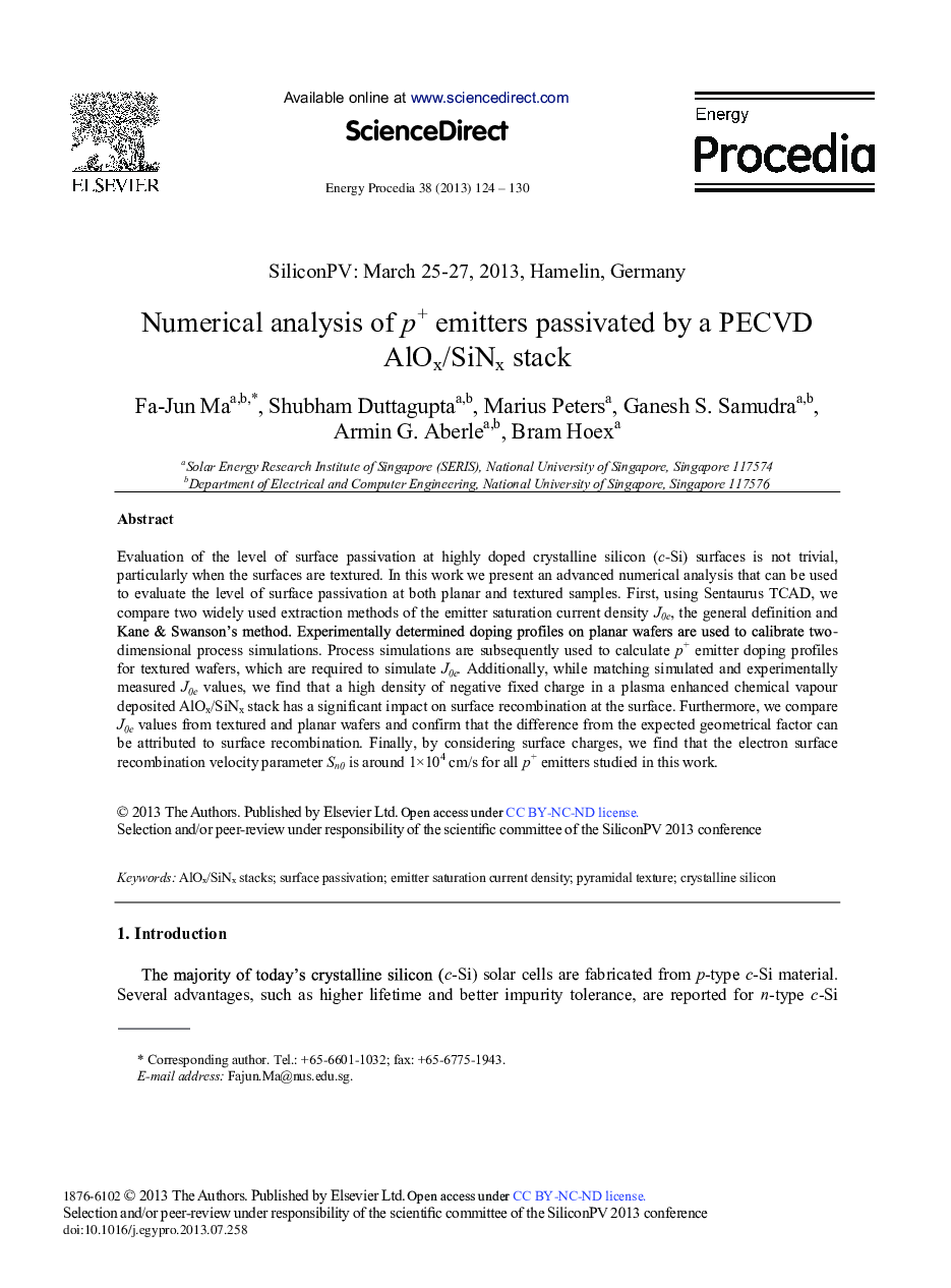 Numerical Analysis of p+ Emitters Passivated by a PECVD AlOx/SiNx Stack 