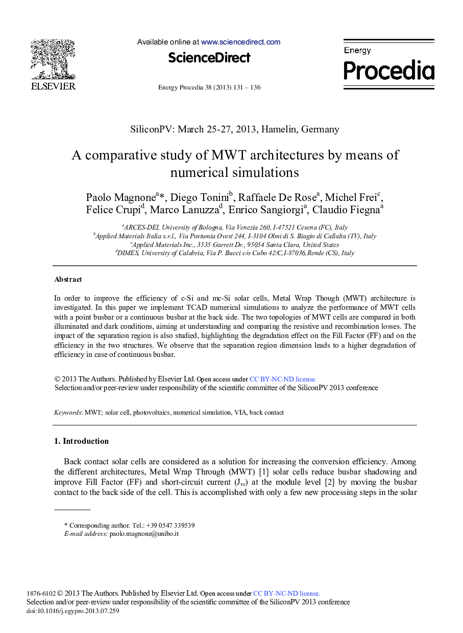 A Comparative Study of MWT Architectures by Means of Numerical Simulations 