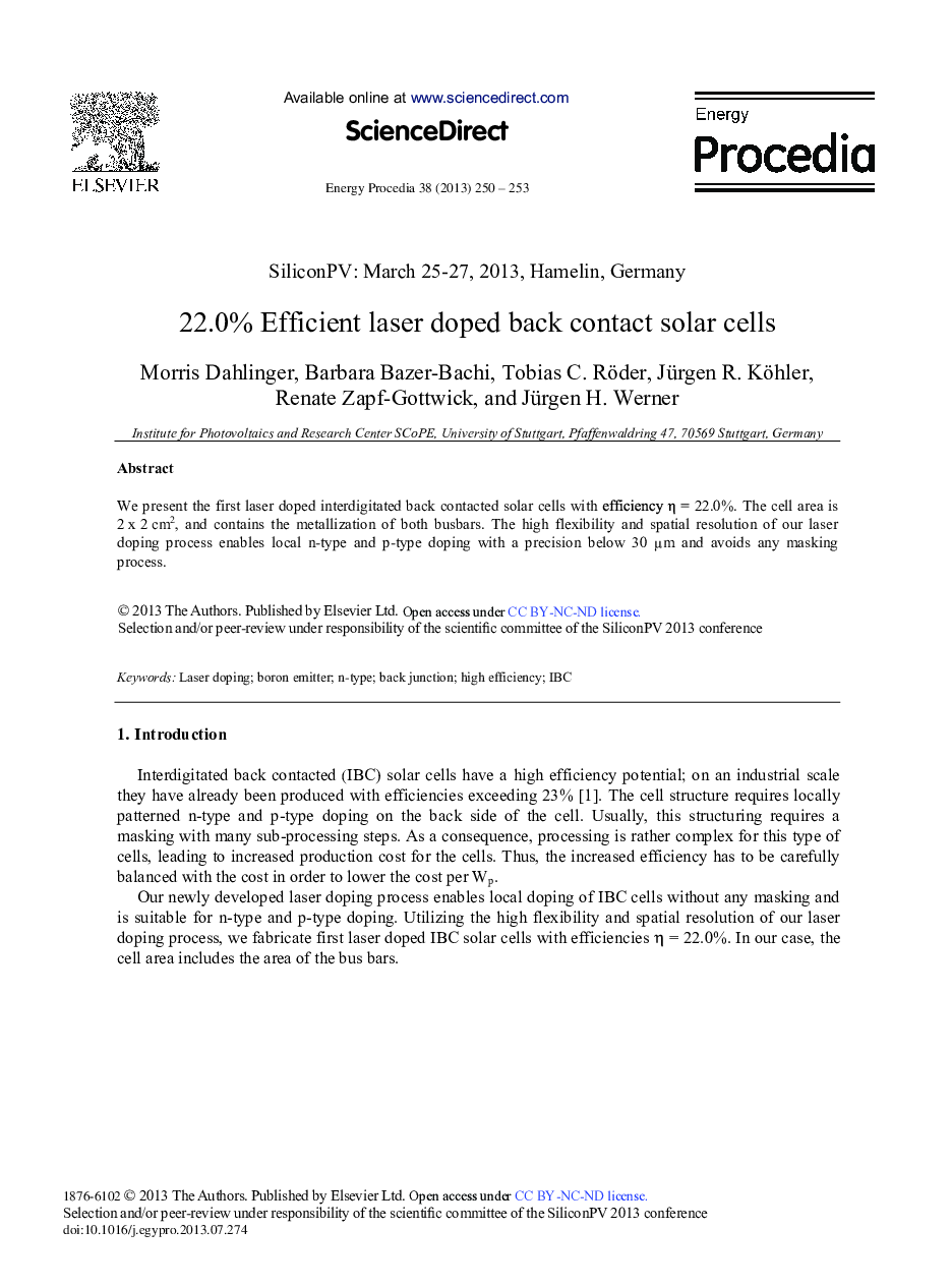 22.0% Efficient Laser Doped back Contact Solar Cells 