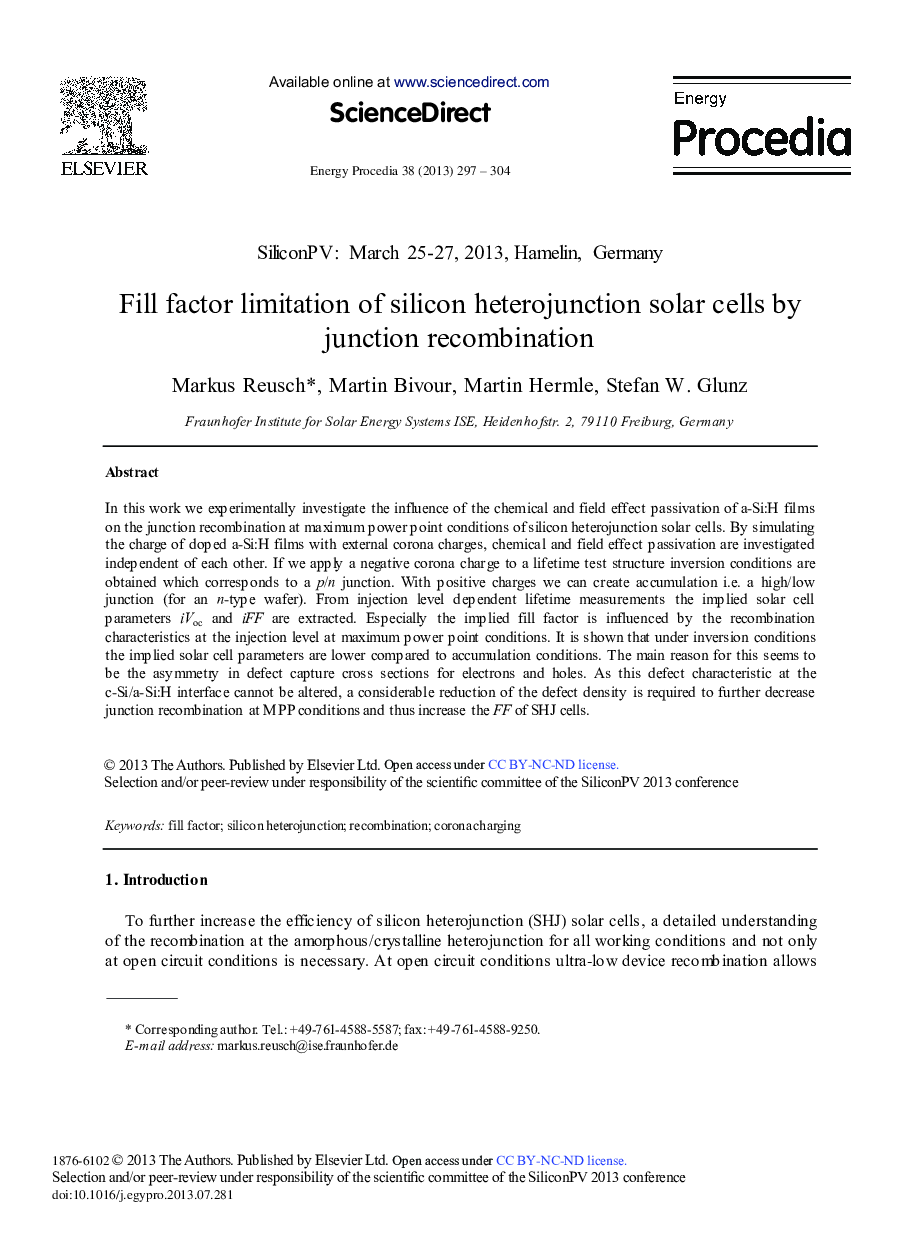 Fill Factor Limitation of Silicon Heterojunction Solar Cells by Junction Recombination 