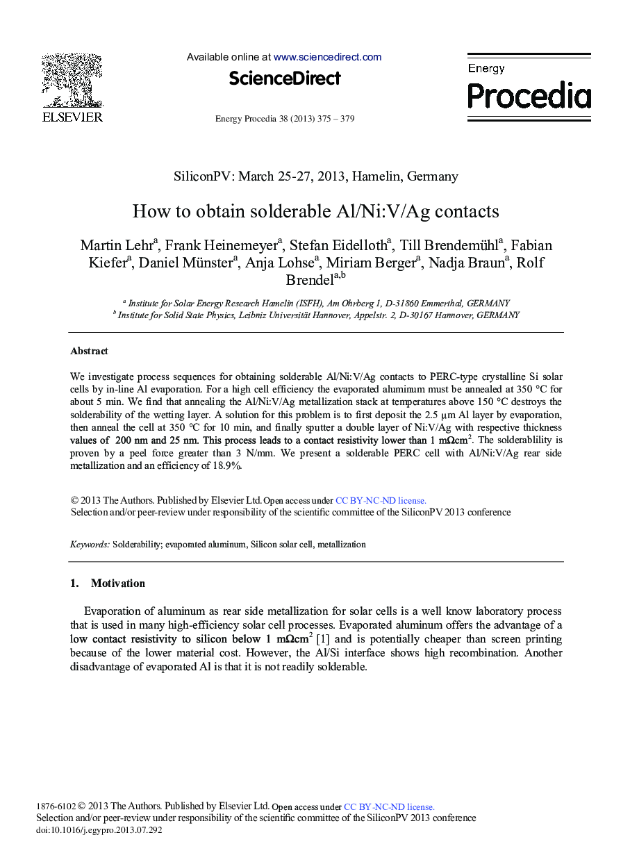 How to Obtain Solderable Al/Ni:V/Ag Contacts