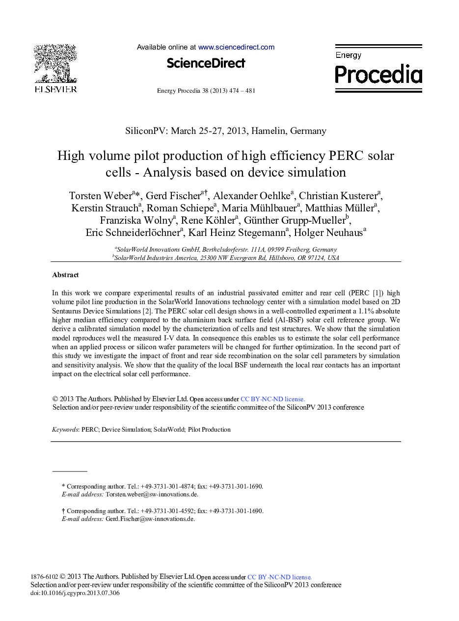 High Volume Pilot Production of High Efficiency PERC Solar Cells-Analysis Based on Device Simulation 