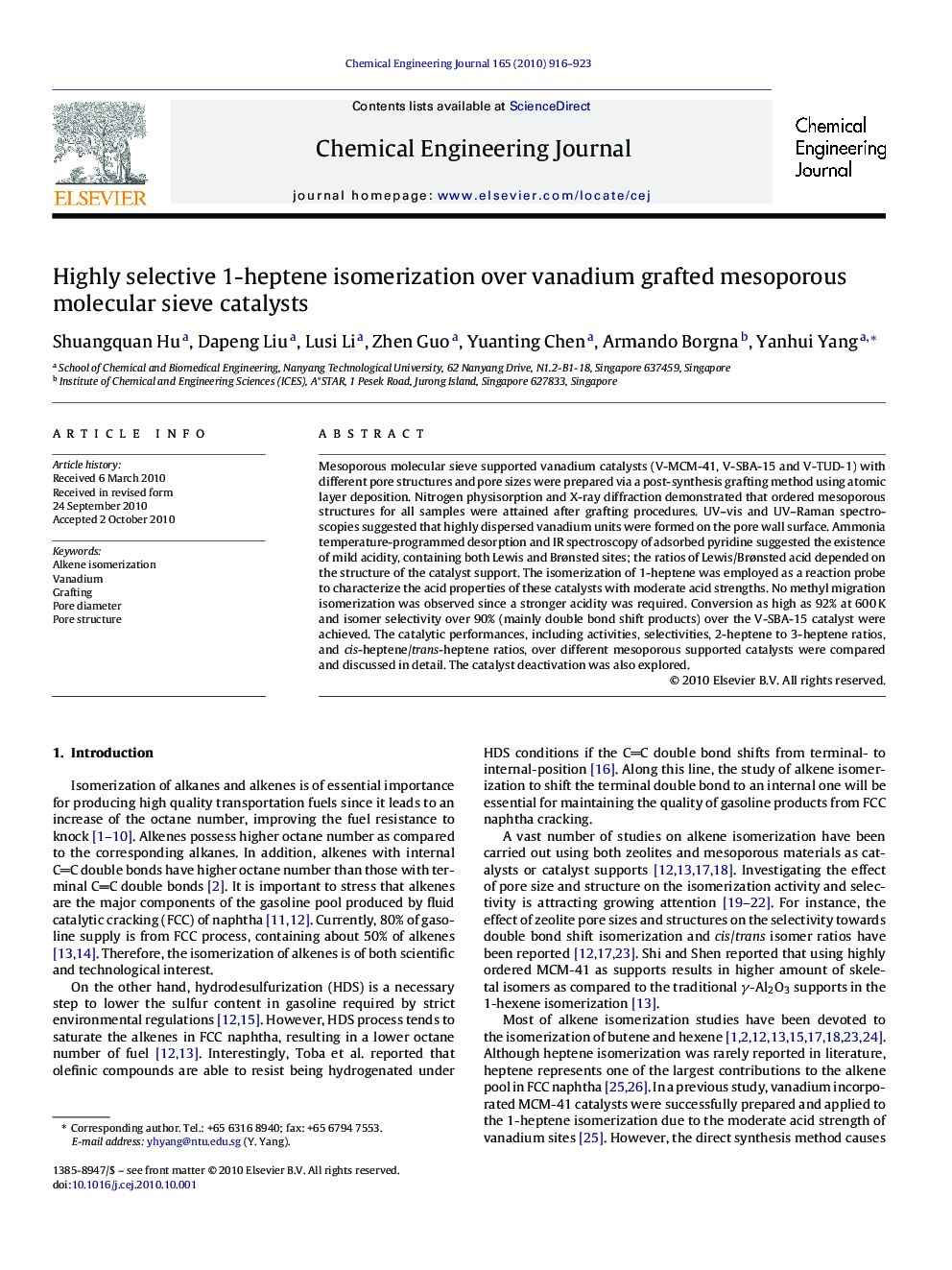 Highly selective 1-heptene isomerization over vanadium grafted mesoporous molecular sieve catalysts