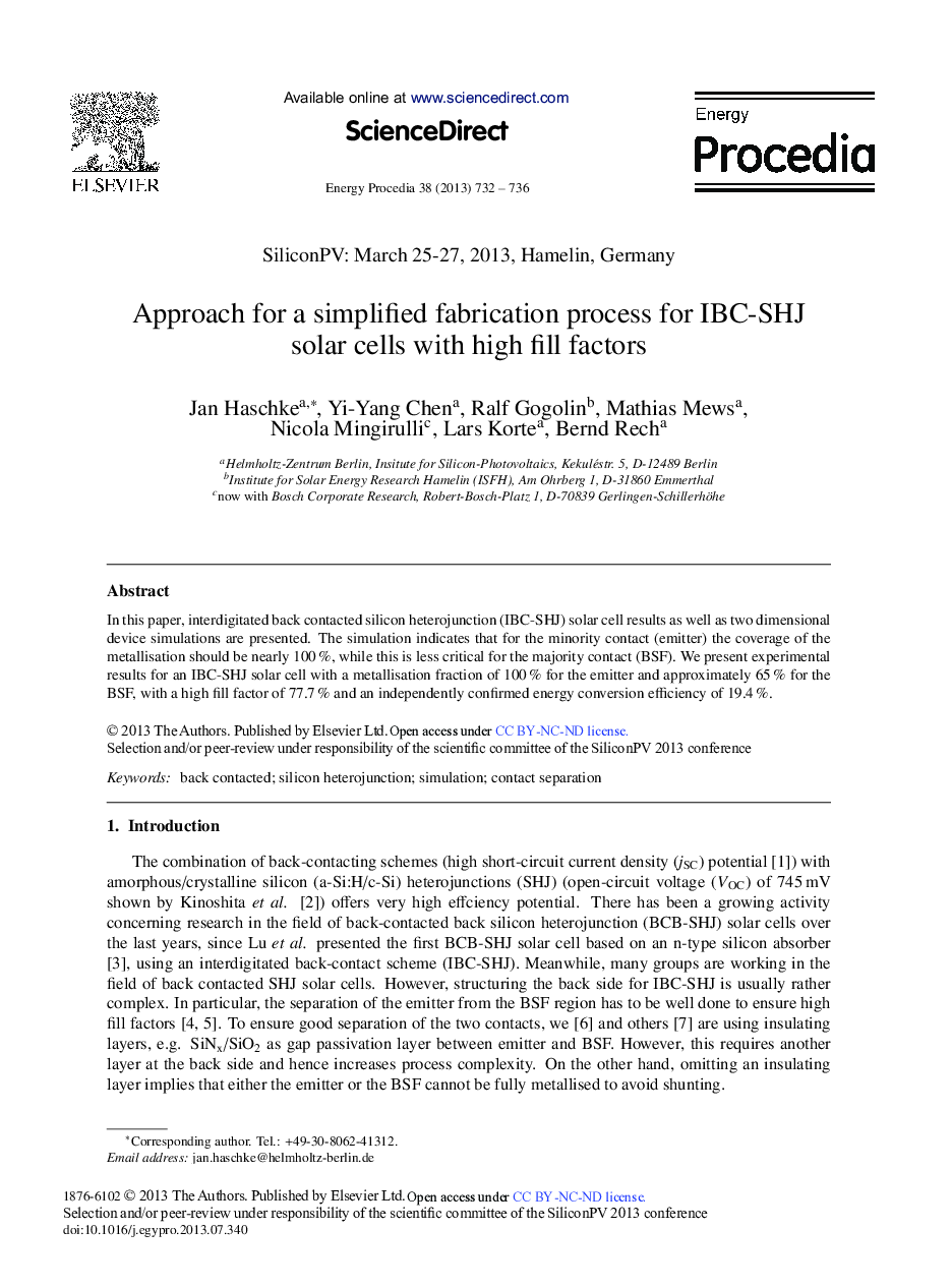 Approach for a Simplified Fabrication Process for IBC-SHJ Solar Cells with High Fill Factors 