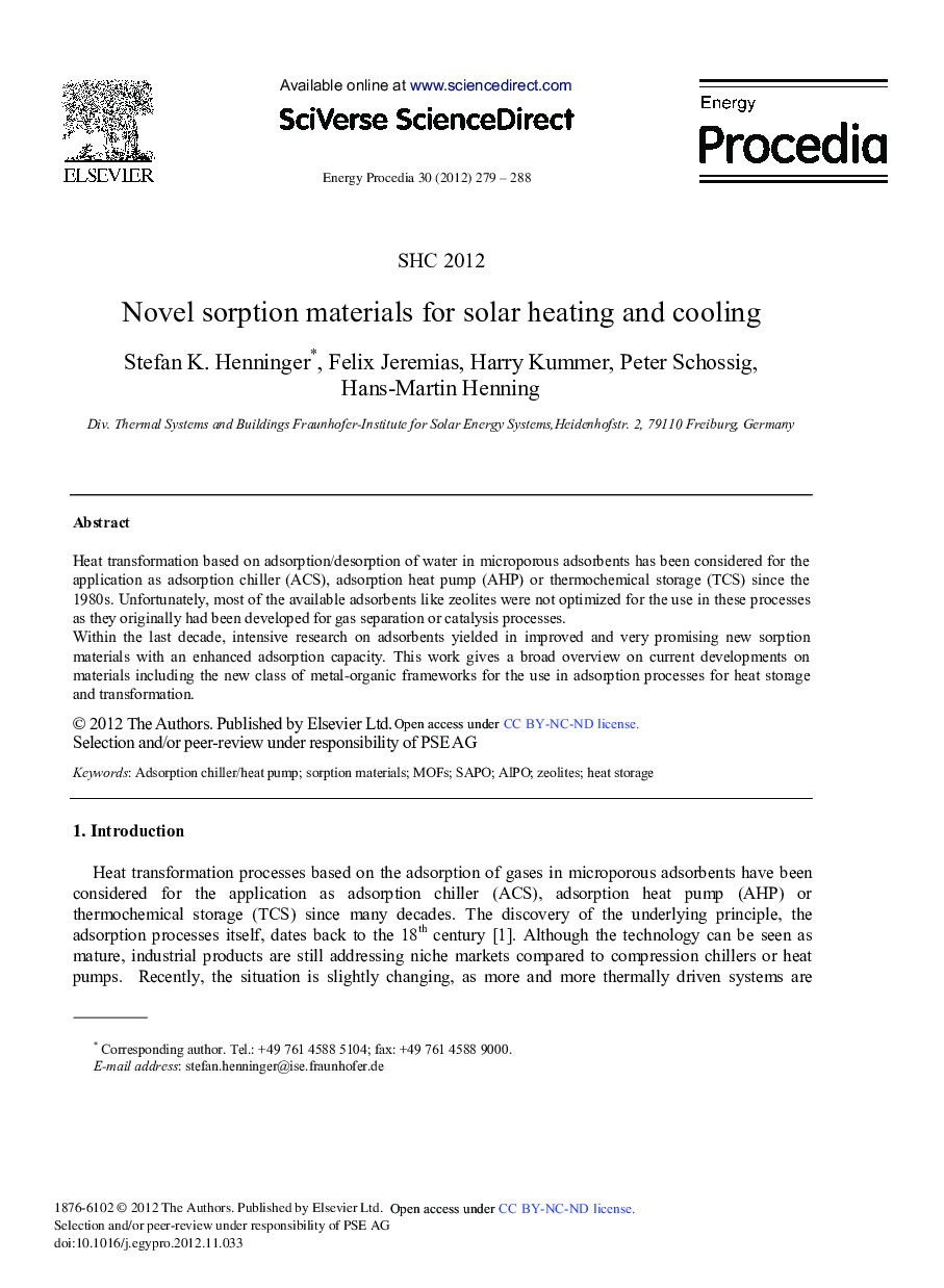 Novel Sorption Materials for Solar Heating and Cooling 
