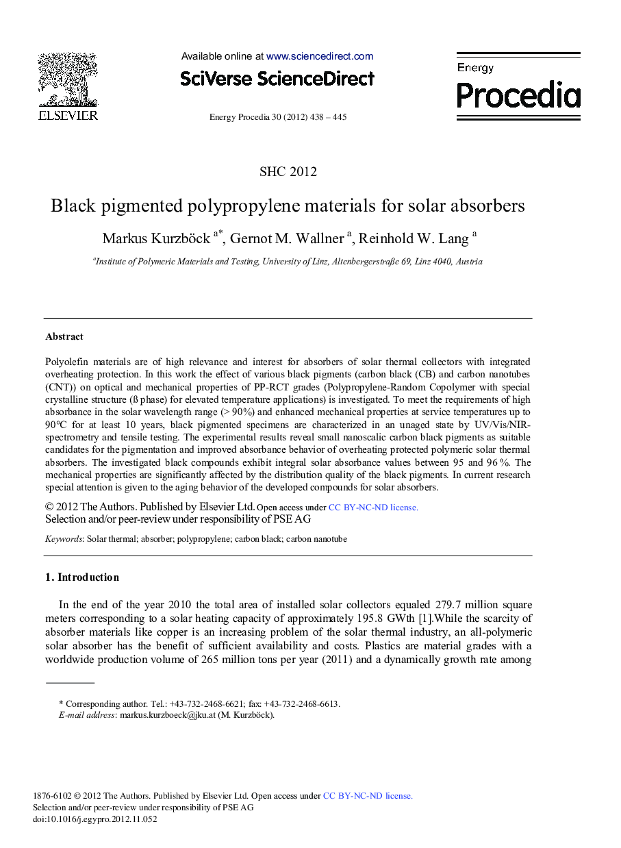 عکس صفحه اول مقاله: Black pigmented polypropylene materials for solar absorbers Black pigmented polypropylene materials for solar absorbers