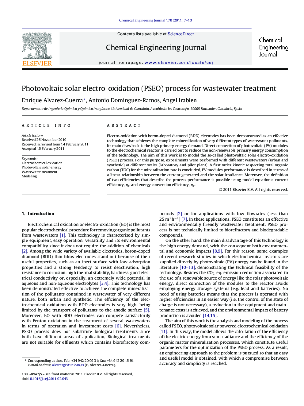 Photovoltaic solar electro-oxidation (PSEO) process for wastewater treatment