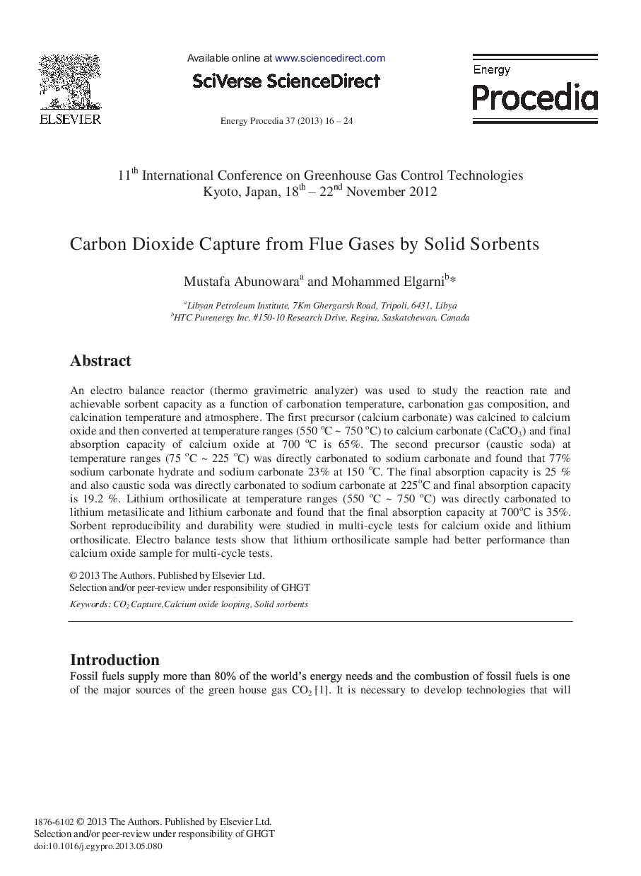 Carbon Dioxide Capture from Flue Gases by Solid Sorbents 