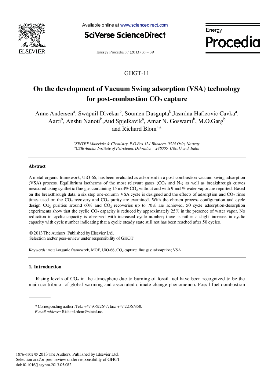 On the development of Vacuum Swing adsorption (VSA) technology for post-combustion CO2 capture 