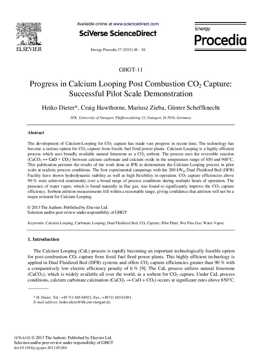 Progress in Calcium Looping Post Combustion CO2 Capture: Successful Pilot Scale Demonstration 