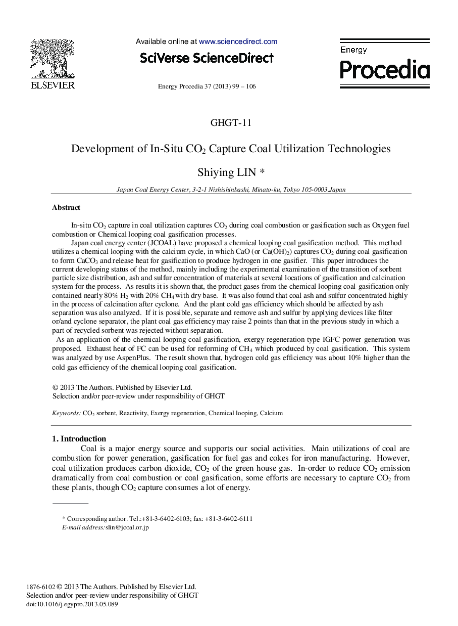 Development of In-situ CO2 Capture Coal Utilization Technologies 