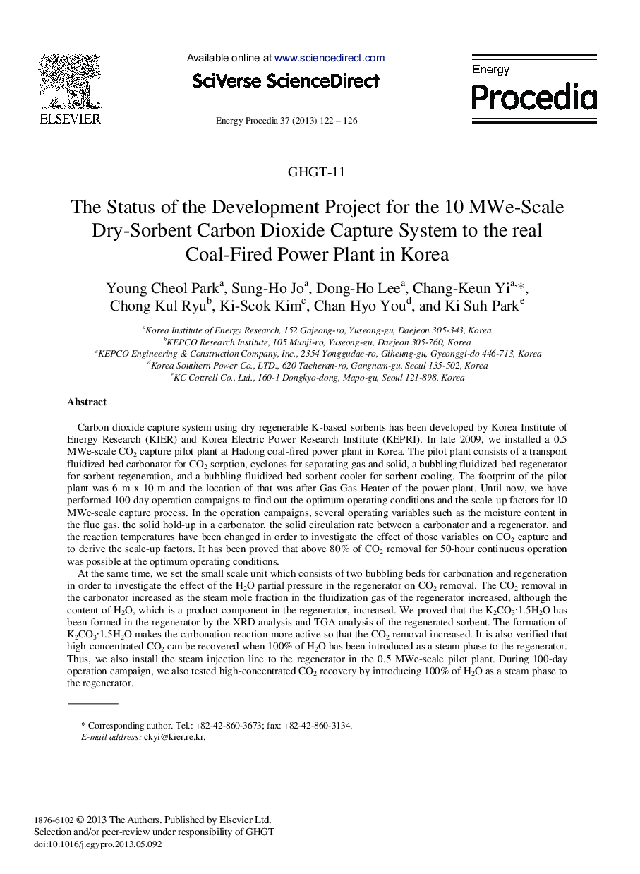 The Status of the Development Project for the 10 MWe-Scale Dry-sorbent Carbon Dioxide Capture System to the real Coal-Fired Power Plant in Korea 