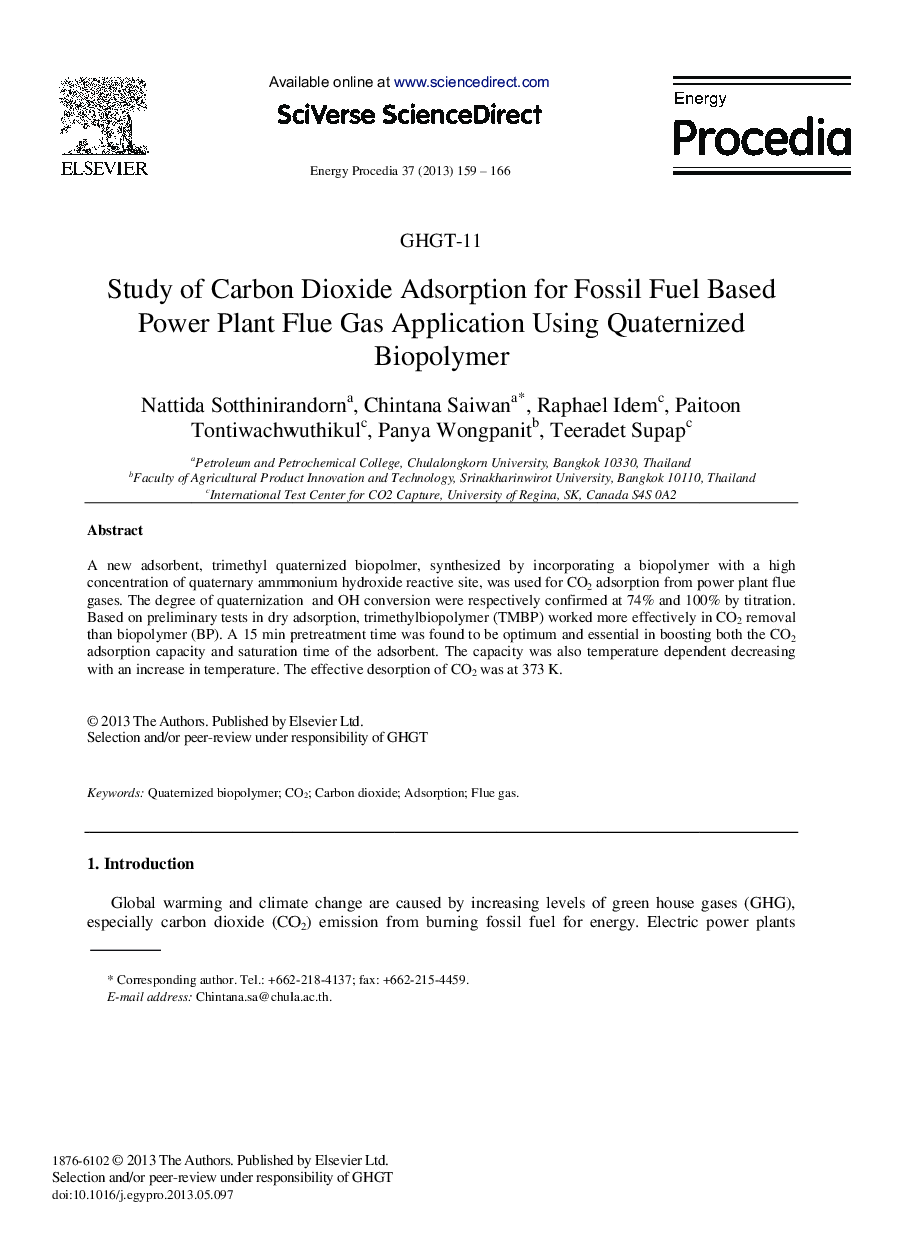 Study of Carbon Dioxide Adsorption for Fossil Fuel based Power Plant Flue Gas Application Using Quaternized Biopolymer 