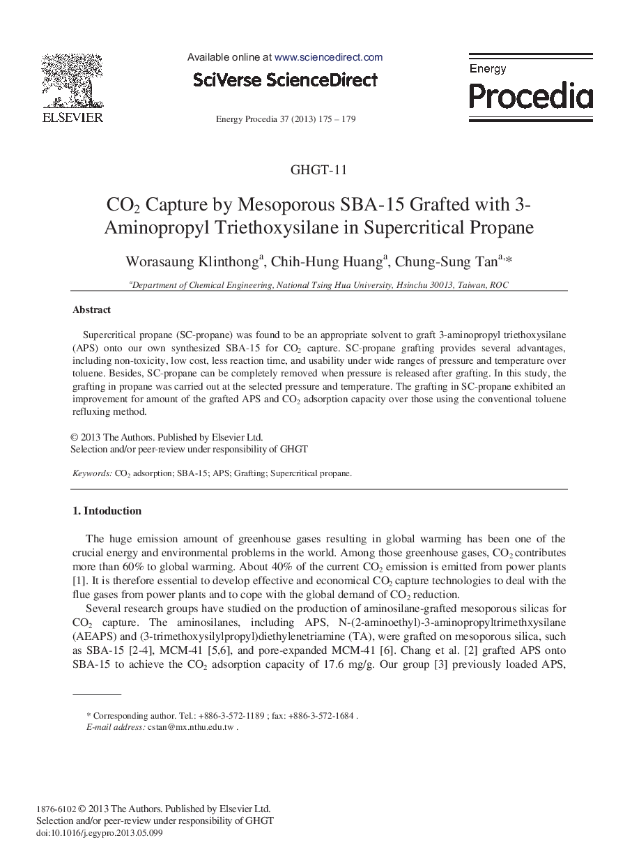 CO2 Capture by Mesoporous SBA-15 Grafted with 3- Aminopropyl Triethoxysilane in Supercritical Propane 