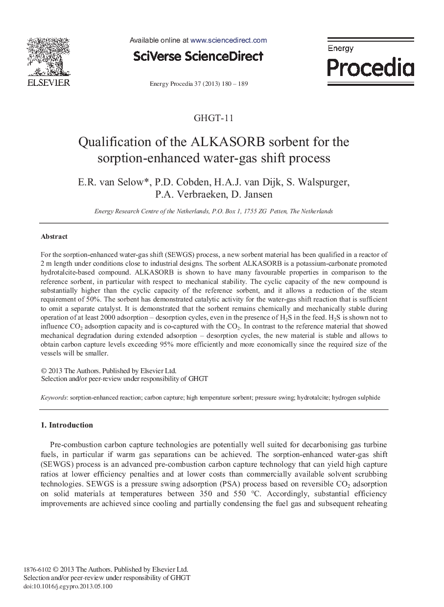 Qualification of the ALKASORB sorbent for the sorption-enhanced water-gas shift process