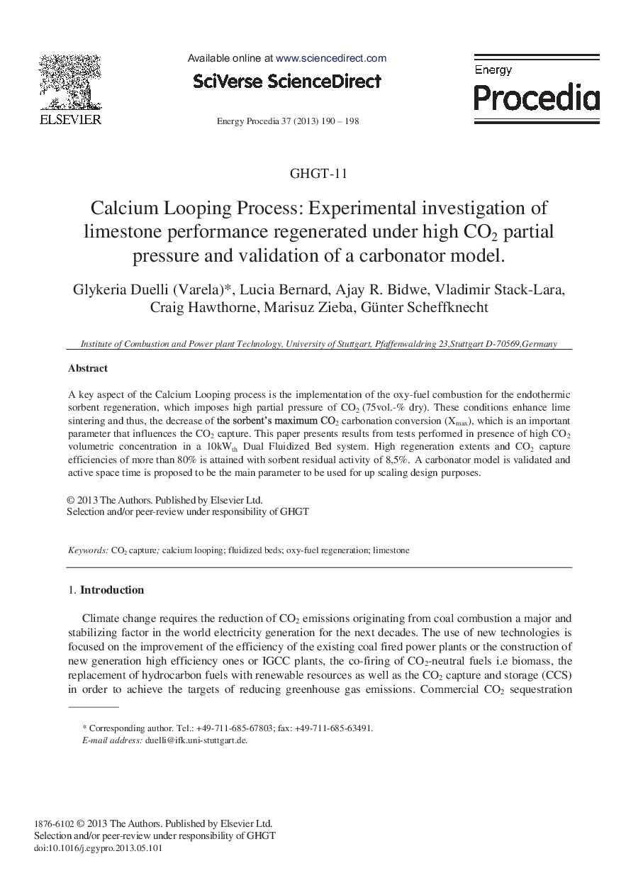Calcium Looping Process: Experimental investigation of limestone performance regenerated under high CO2 partial pressure and validation of a carbonator model 